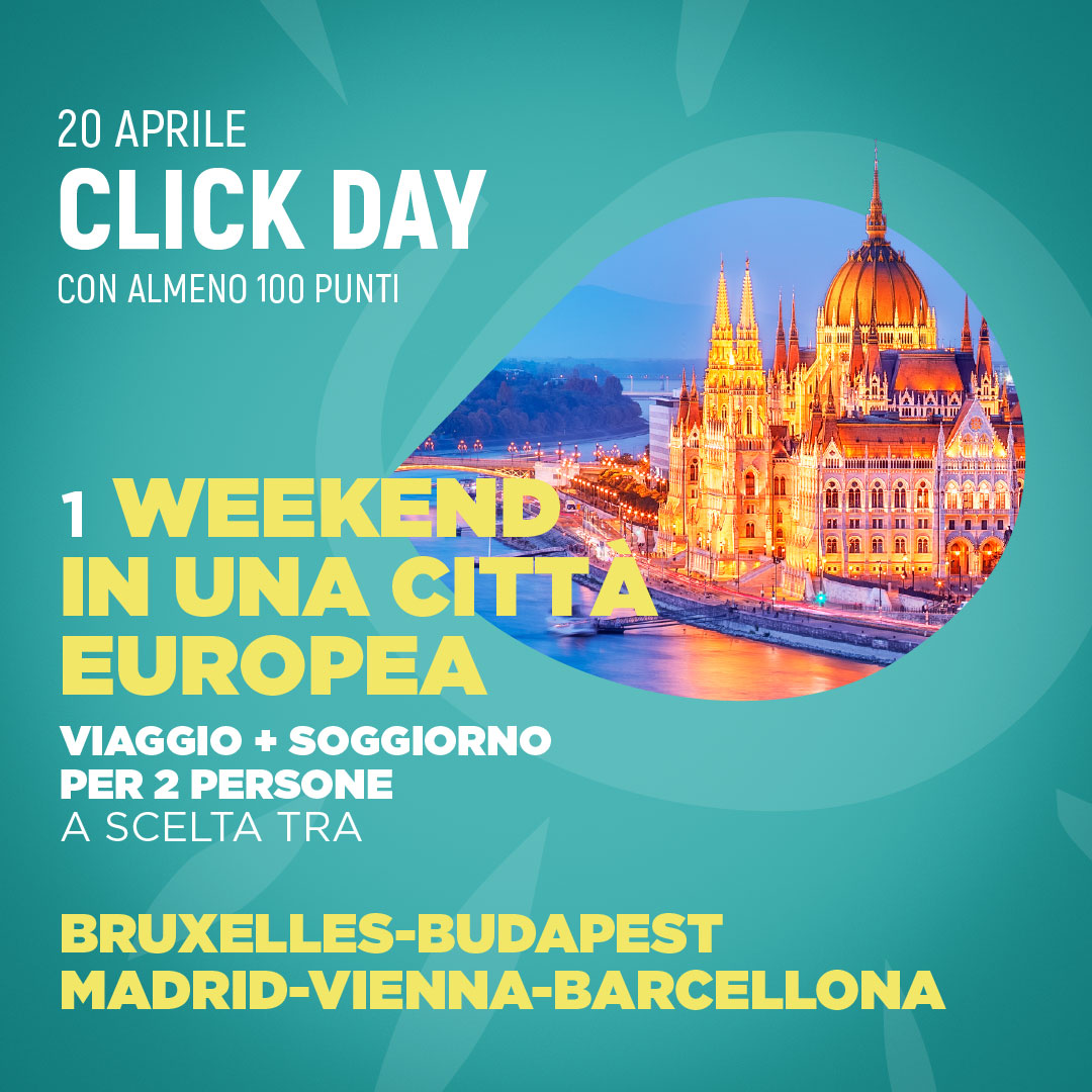 1 weekend in una città europea<br>
viaggio + soggiorno per 2 persone a scelta tra Bruxelles, Budapest, Madrid, Vienna, Barcellona